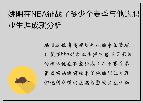 姚明在NBA征战了多少个赛季与他的职业生涯成就分析